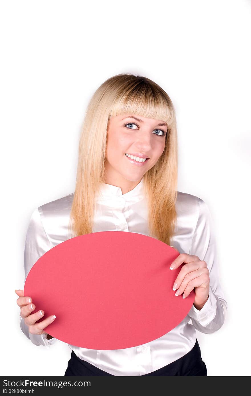 Full isolated portrait of a beautiful caucasian woman with a blank sign. Full isolated portrait of a beautiful caucasian woman with a blank sign