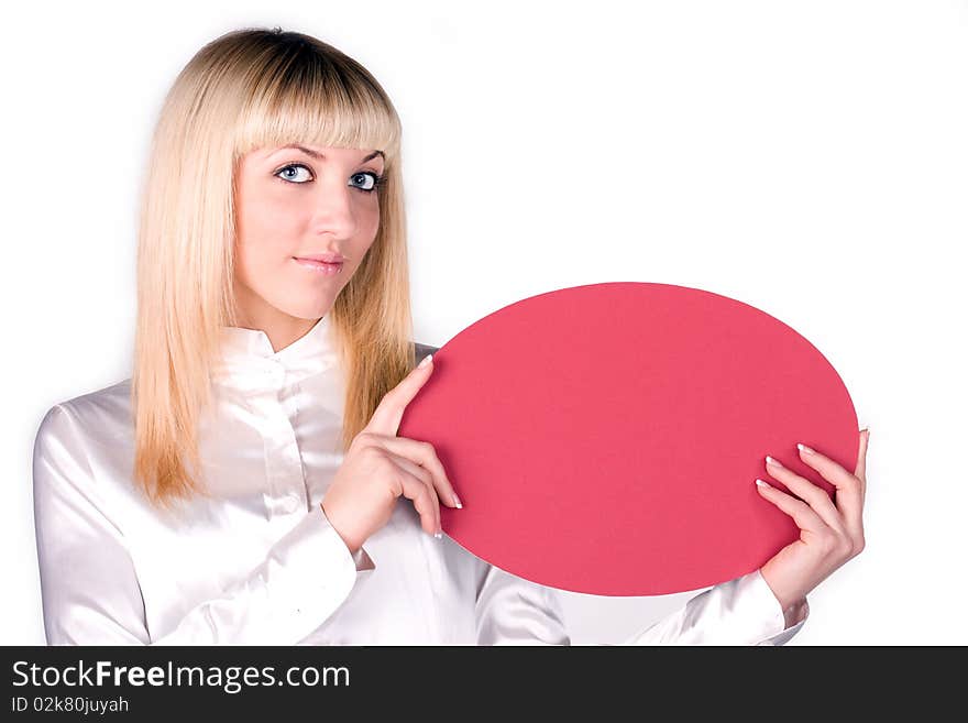 Portrait of a beautiful blonde with a red plate. Portrait of a beautiful blonde with a red plate