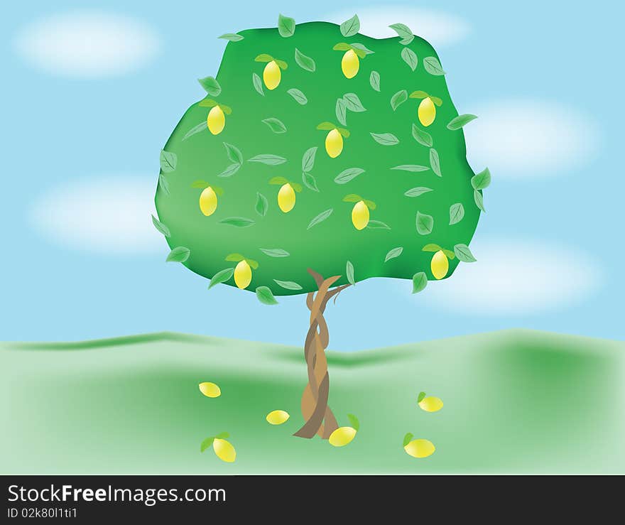 Illustration of alone growing lemon tree under the blue sky