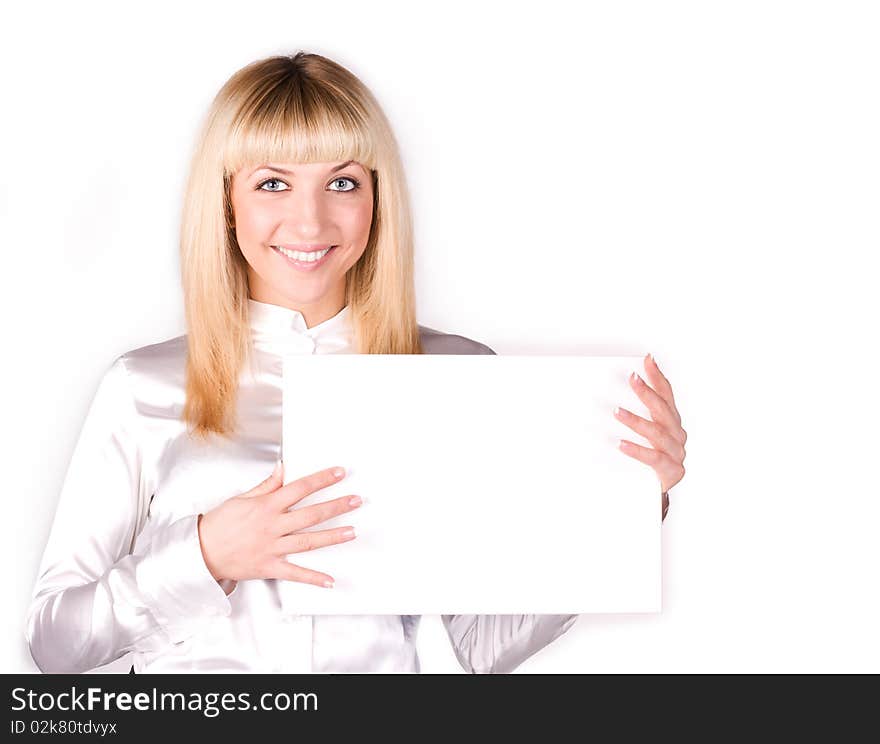 Businesswoman holding blank sign isolated on white. Businesswoman holding blank sign isolated on white