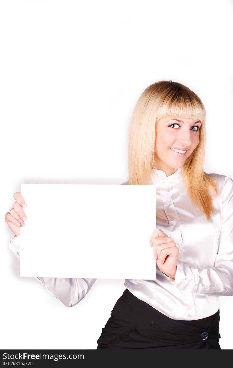 Beautiful Young Woman Holding a Blank White Sign. Beautiful Young Woman Holding a Blank White Sign