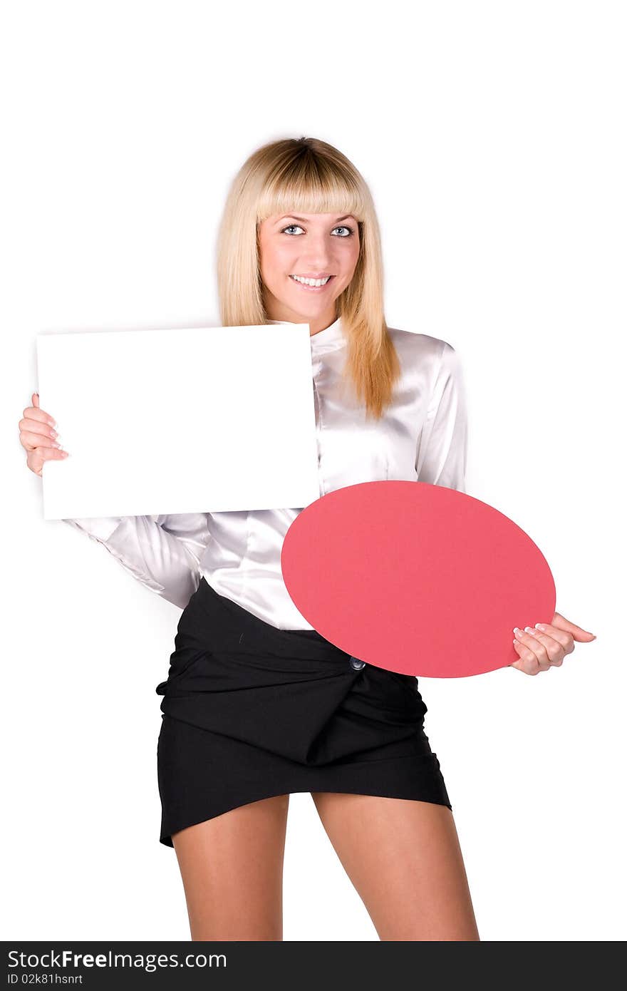 Portrait of a beautiful woman holding a blank billboard