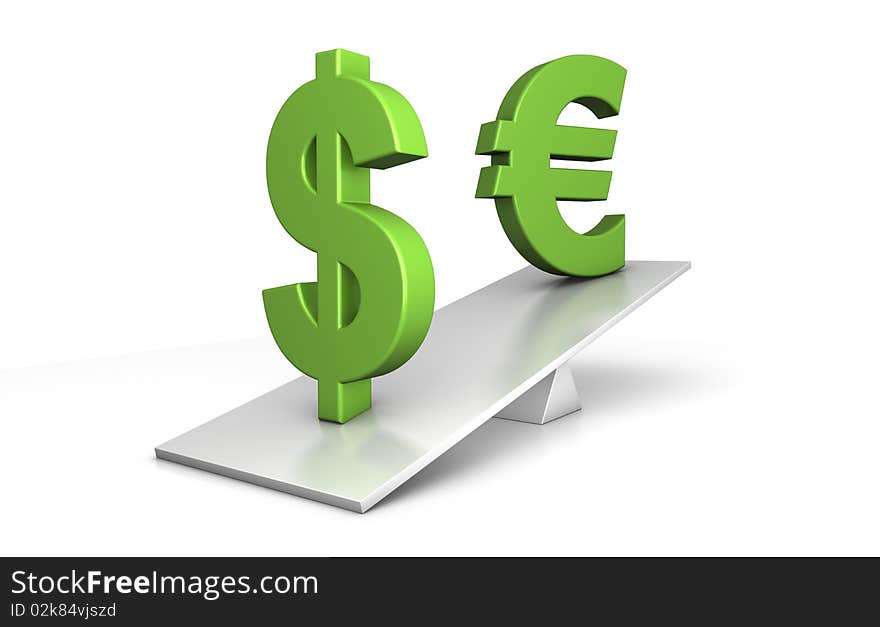 3d illustration of dollar and euro out of balance - dollar is clearly in advantage - financial concept. 3d illustration of dollar and euro out of balance - dollar is clearly in advantage - financial concept