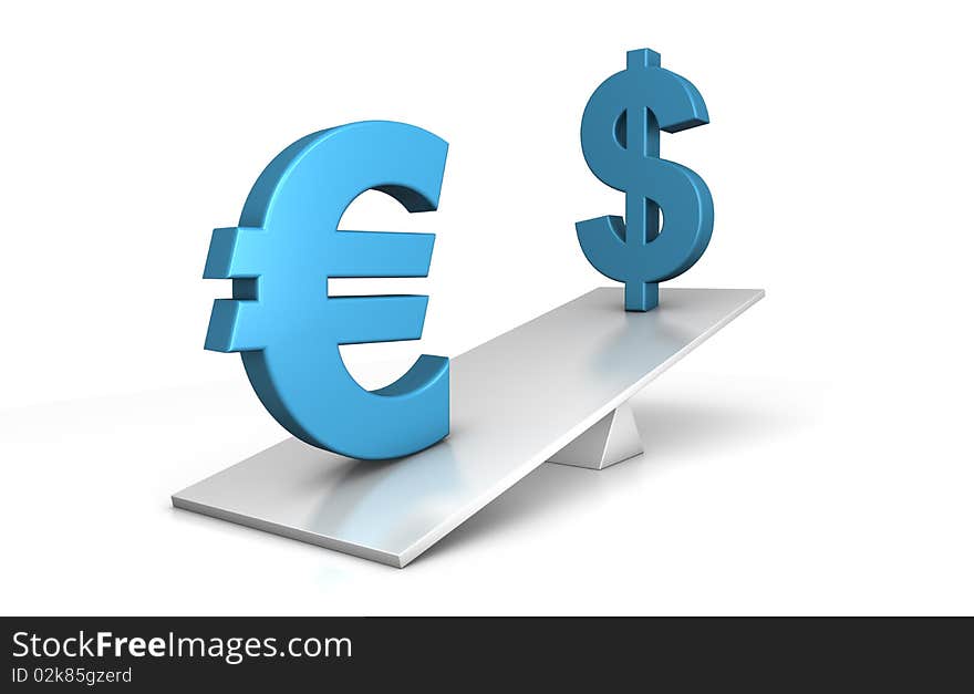 3d illustration of dollar and euro out of balance - euro is clearly in advantage - financial concept. 3d illustration of dollar and euro out of balance - euro is clearly in advantage - financial concept