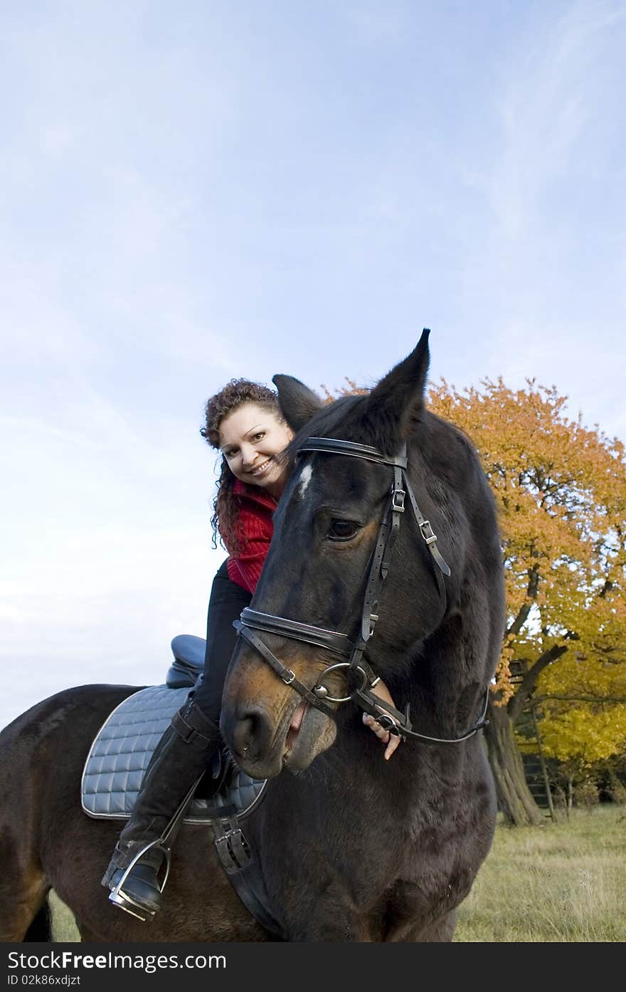 Housewoman bent down to the withers of the horse. Housewoman bent down to the withers of the horse.