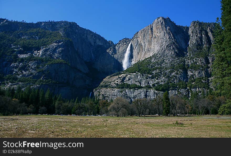 This is a picture of the Bridalveil Falls in the Yosemite Valley in California.