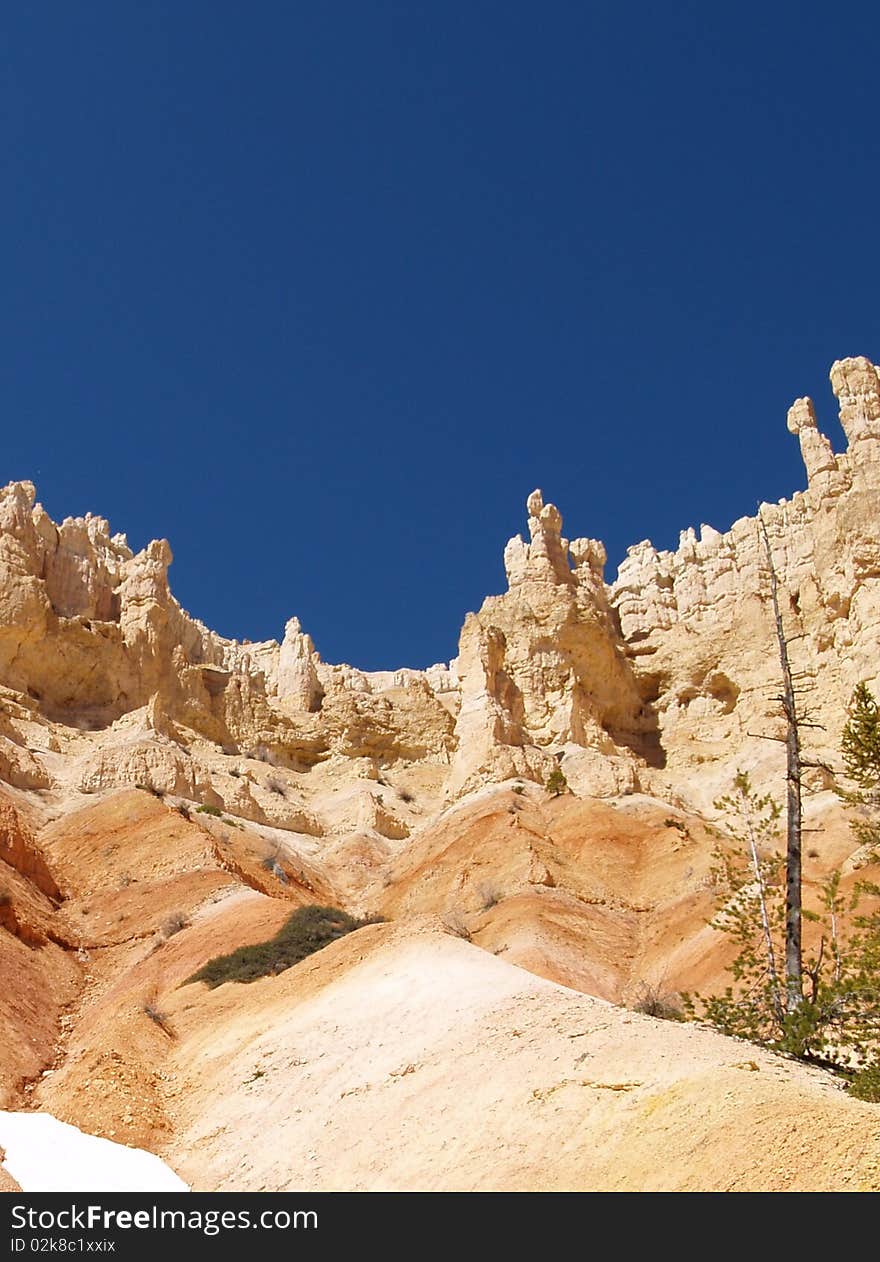 View of hoodoos and cliffs from the base of Bryce canyon. View of hoodoos and cliffs from the base of Bryce canyon