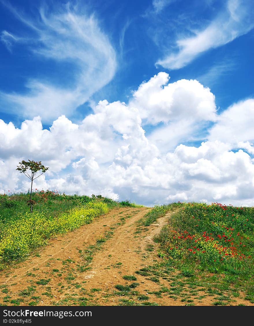 Road in village and beautiful clouds. Nature composition. Road in village and beautiful clouds. Nature composition.