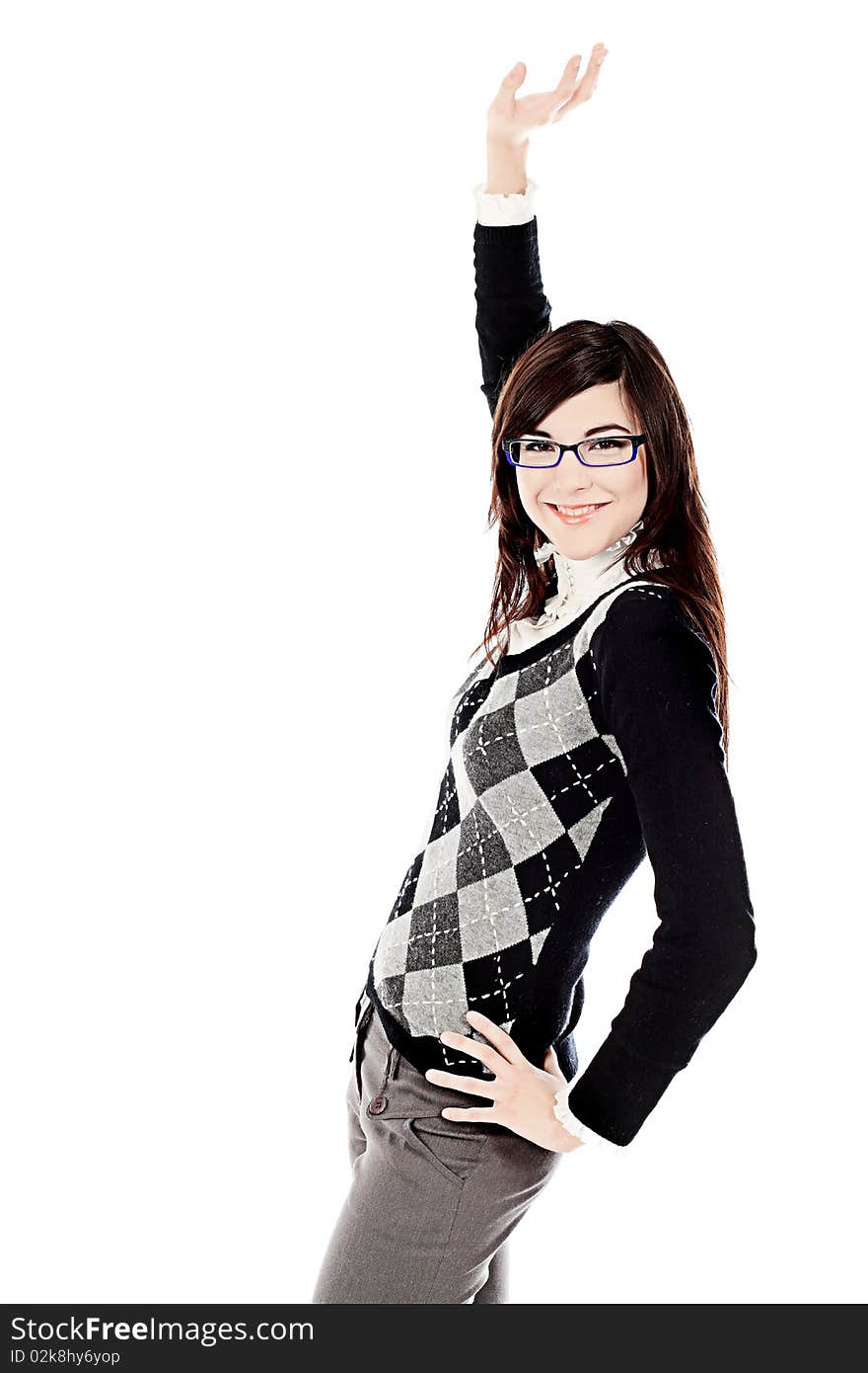 Beautiful young woman posing in business suit and glasses. Isolated over white background. Beautiful young woman posing in business suit and glasses. Isolated over white background.