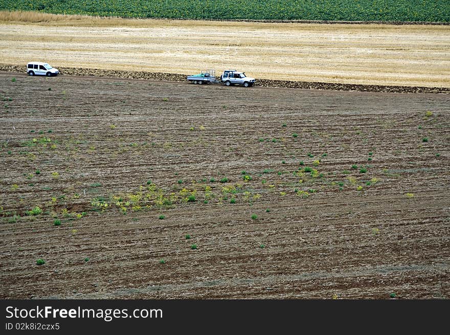 Landscape with rural field and cars