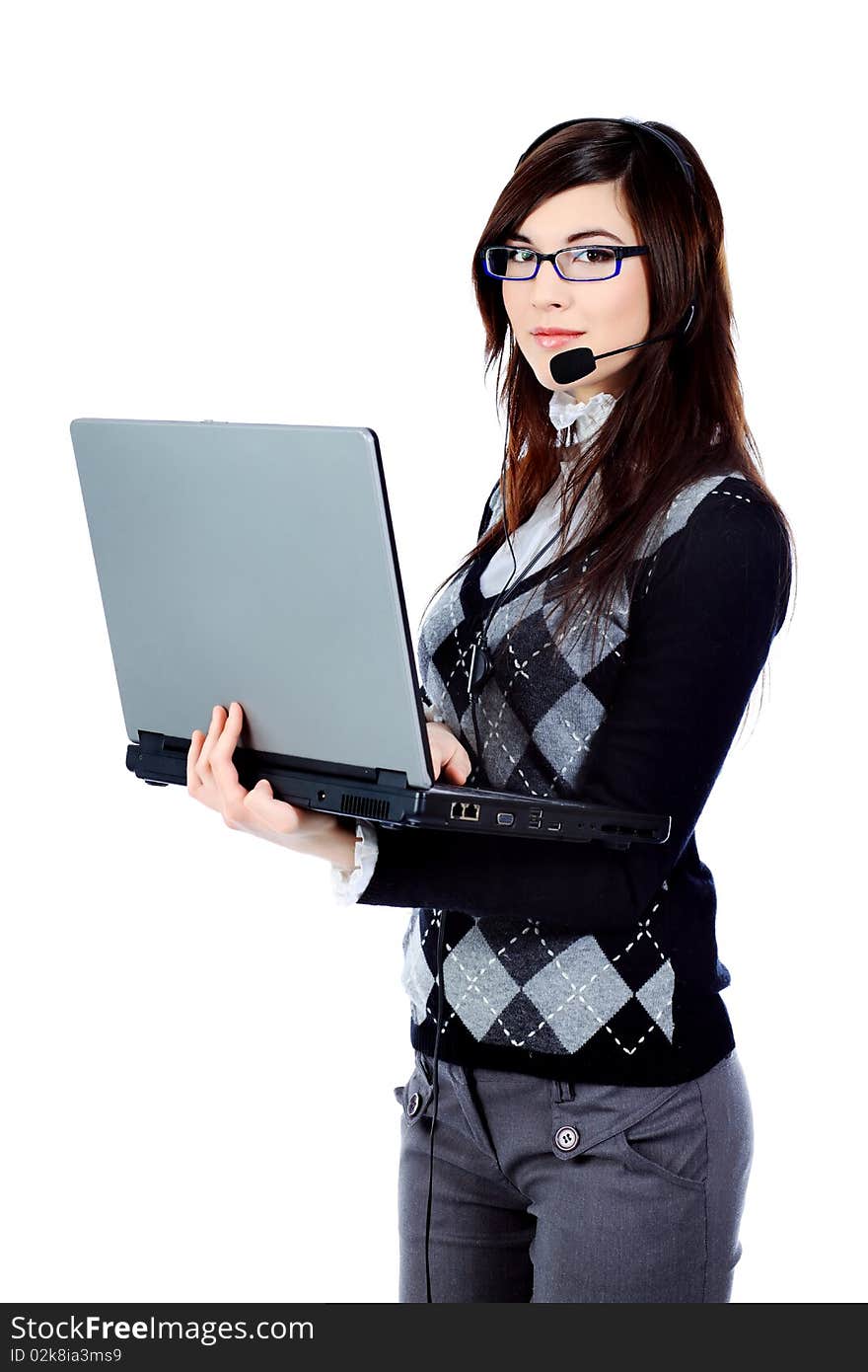 Portrait of a beautiful young woman in a business suit with a laptop. Isolated over white background. Portrait of a beautiful young woman in a business suit with a laptop. Isolated over white background