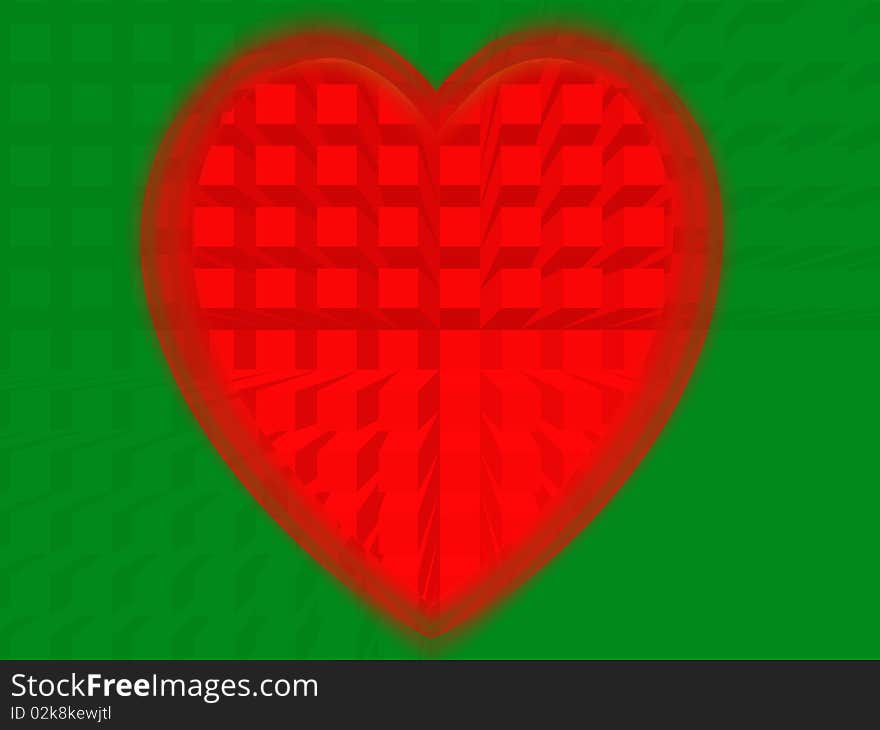 Red heart from squares on colour background