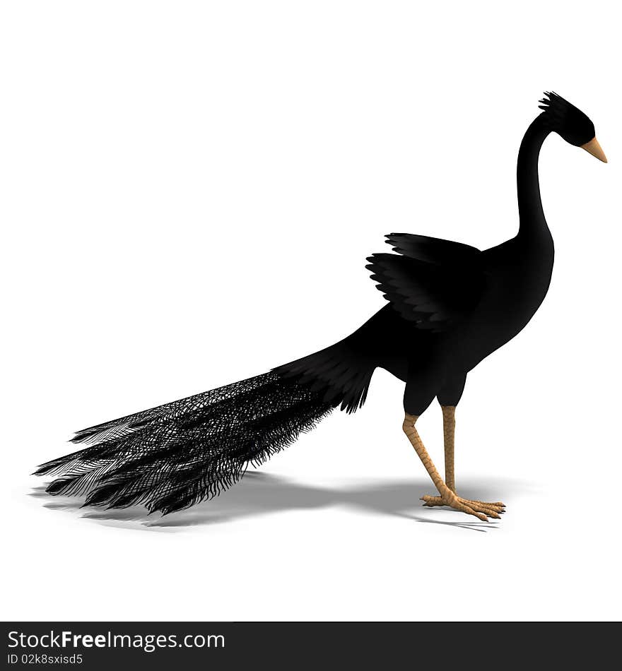 Black fantasy bird with beautiful feathers. 3D