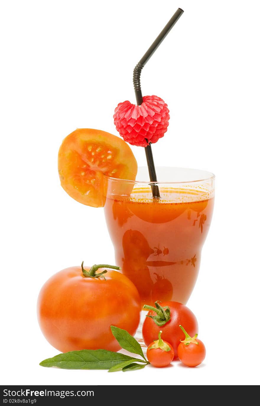 Tomatoes and tomato juice on white background