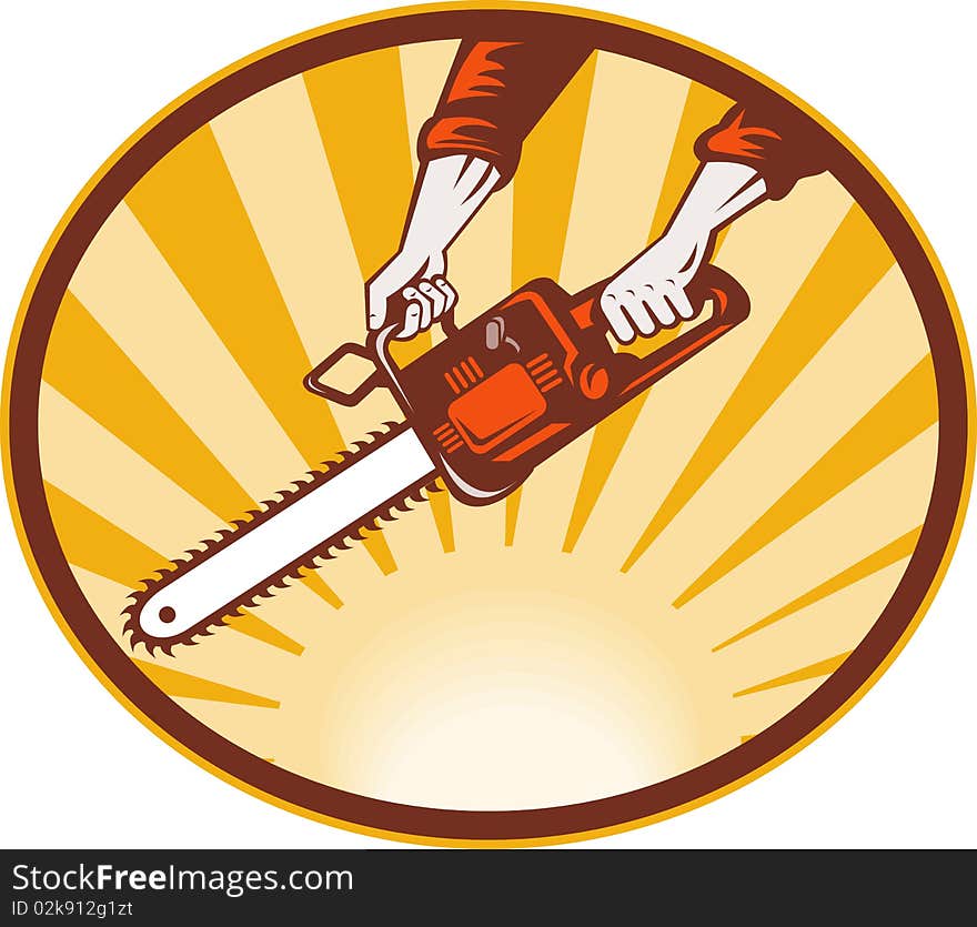 Illustration of a hand holding chainsaw with sunburst in background