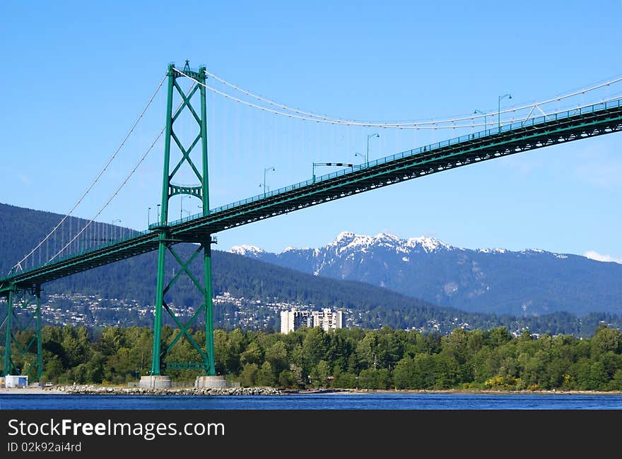 Closeup of a green suspension bridge