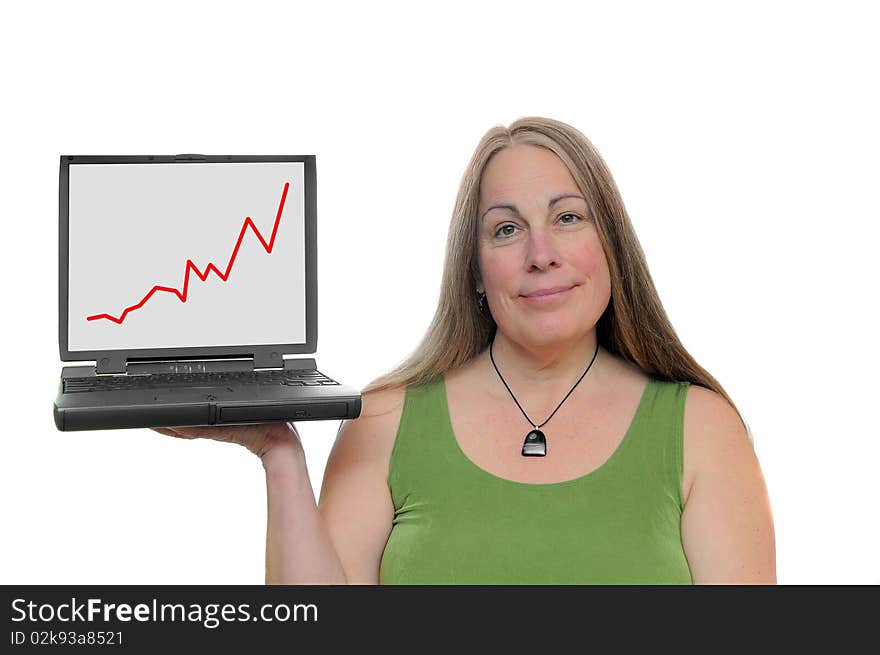 Woman holding laptop with red graph showing increasing numbers. Woman holding laptop with red graph showing increasing numbers