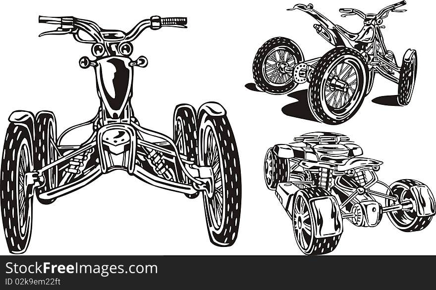 In drawing three quadbikes are represented. In drawing three quadbikes are represented.