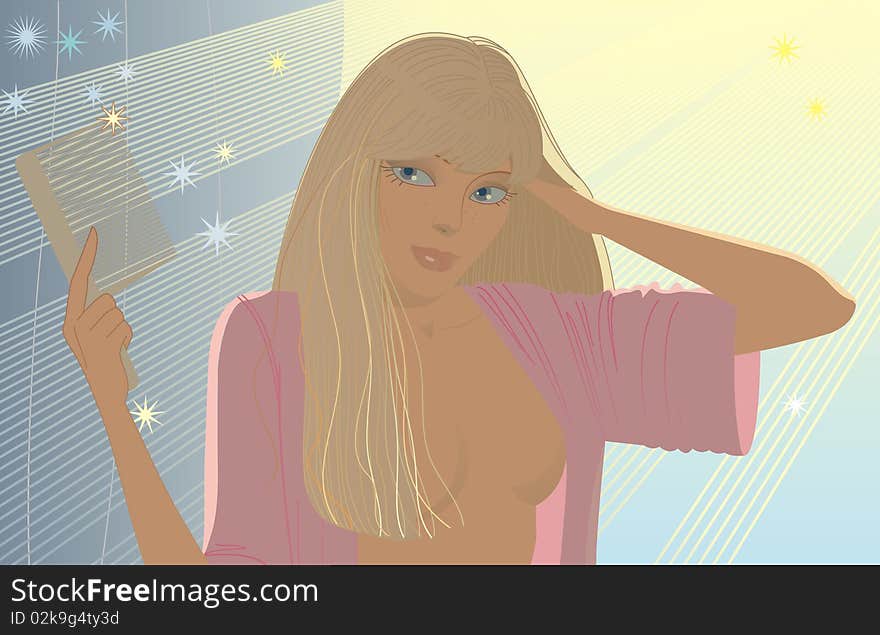 Young lady with comb, blond, pretty, silouette, summery south morning. Young lady with comb, blond, pretty, silouette, summery south morning