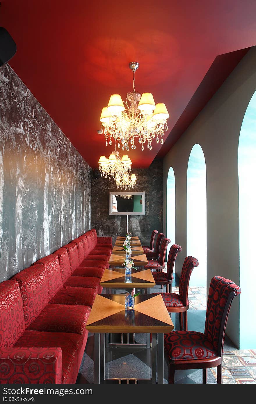 Interior of restaurant in red color