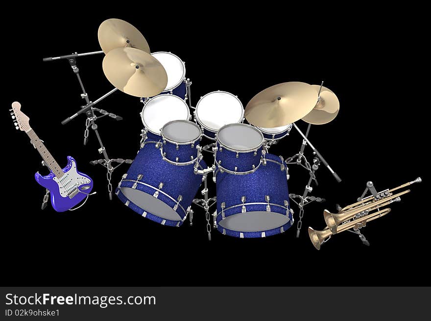 Drum kit guitar and trumpet isolated on a black