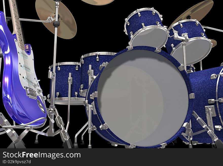 Jazz background drum kit guitar and trumpet isolated on a black background