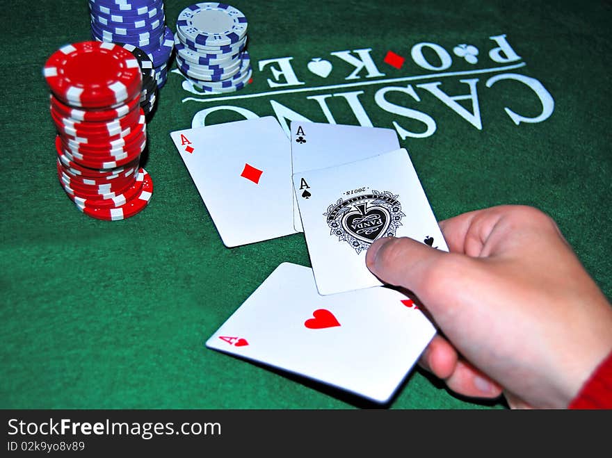 Four aces on a green poker table. Four aces on a green poker table