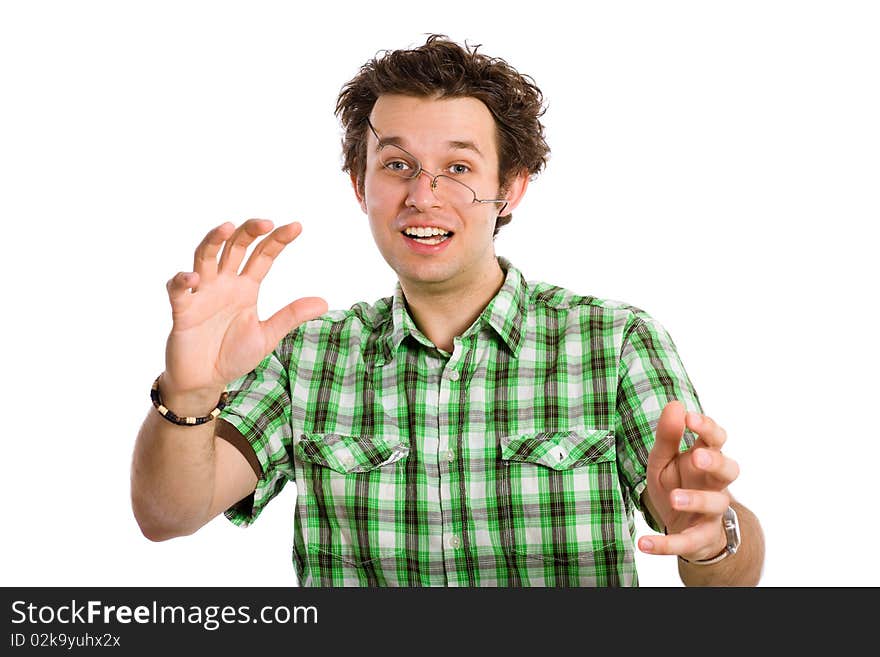 Taken by surprise, even specs falling off his nose, all nice and crisp with details, isolated on white background. Taken by surprise, even specs falling off his nose, all nice and crisp with details, isolated on white background