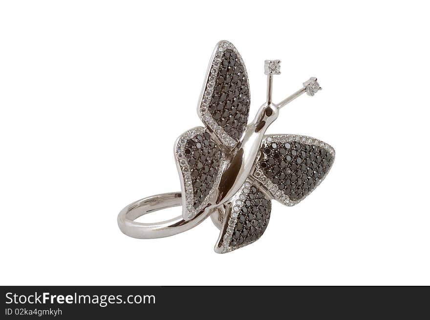 The Golden Ring in the form of the butterfly with the jewels, isolated on a white background