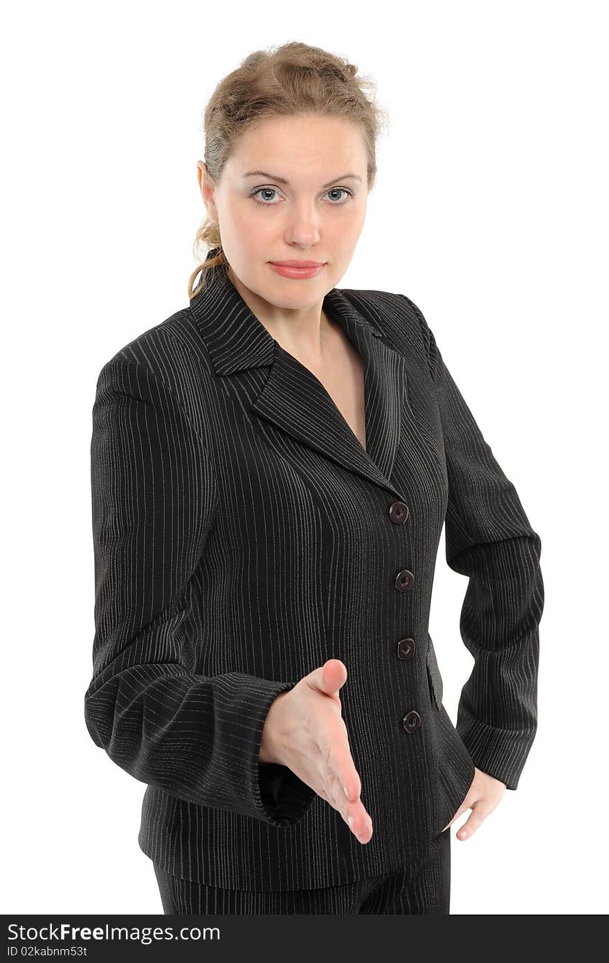 Young woman handshake isolated on white background