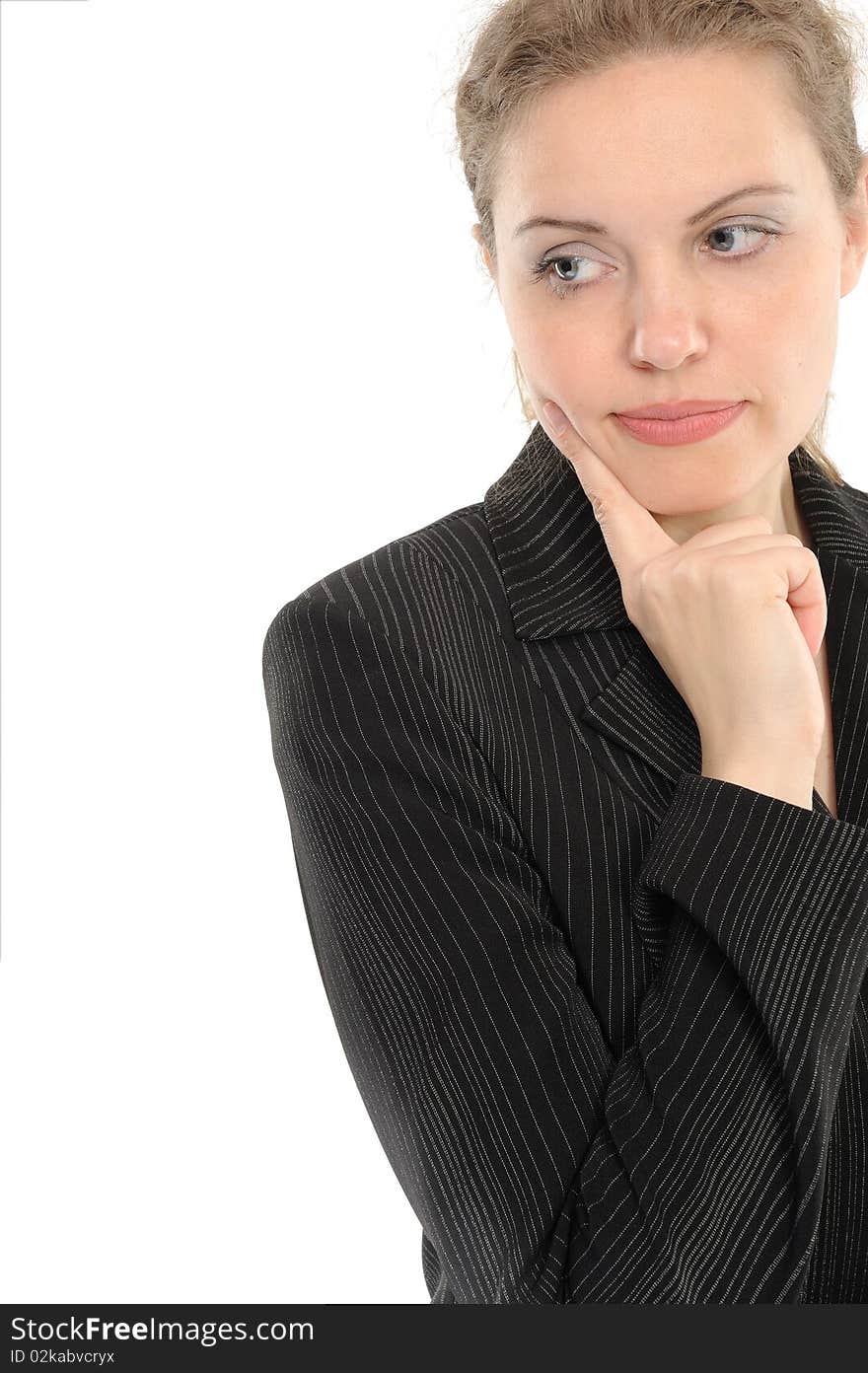 Portrait of  reflecting young woman smiling over white background