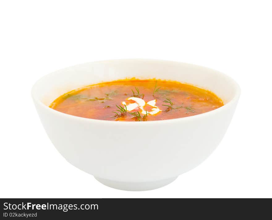 Plate with a borsch on a white background