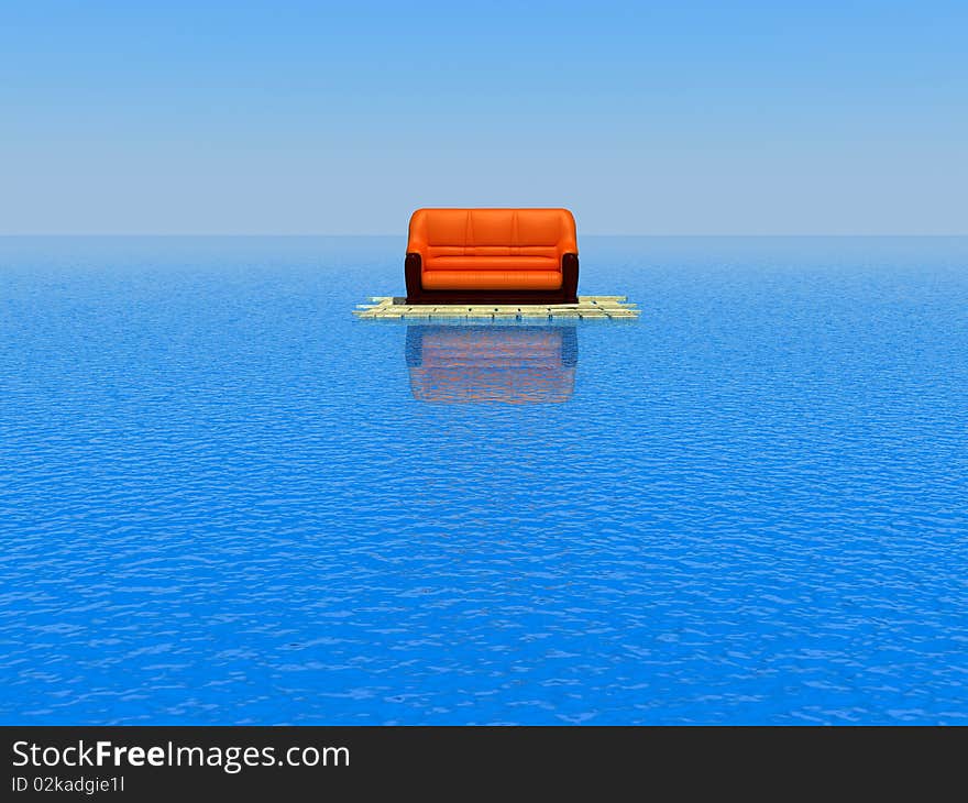 Sofa in the sea on the raft