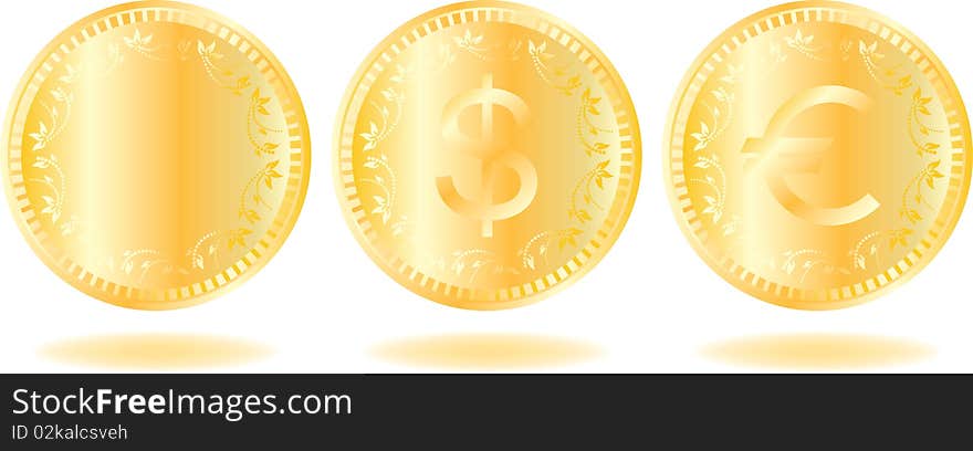 Golden coins set. Various variants of design. Isolated on a white background. Vector will be additional