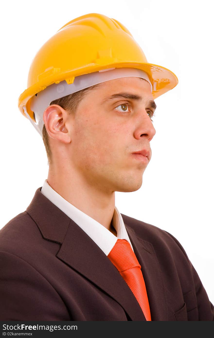 Young engineer profile with a yellow helmet on white background