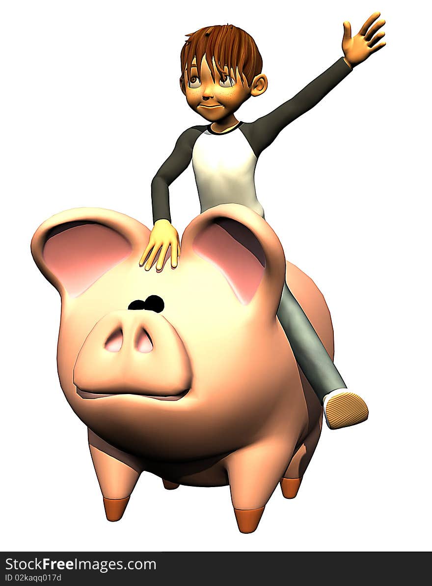 Kid boy on the pig bank