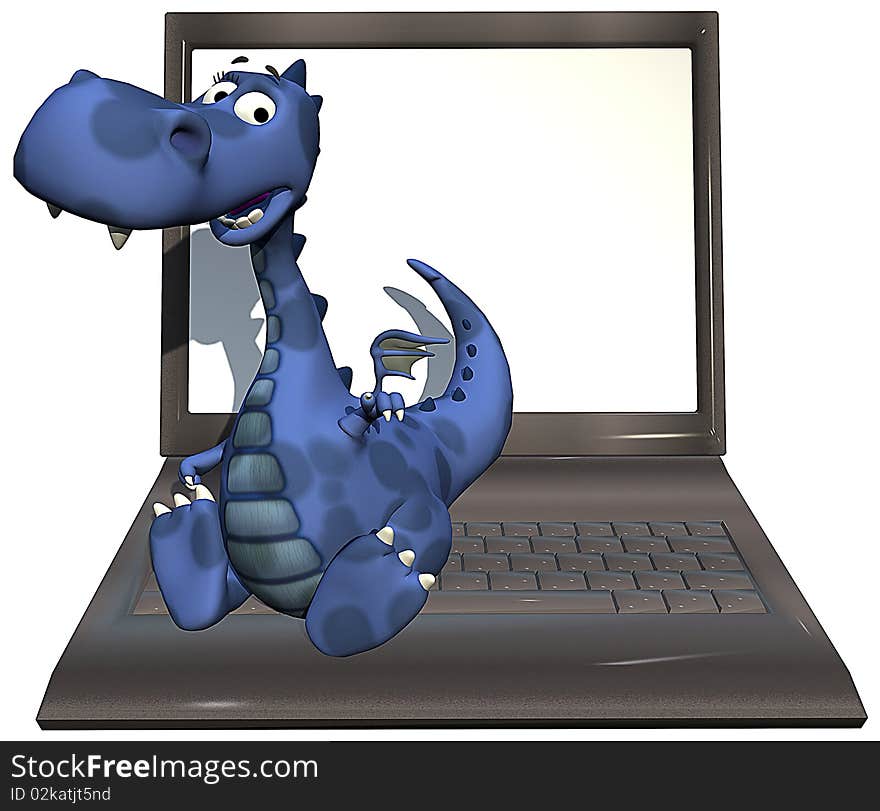 Baby dragon blue is seated on the laptop keyboard. Baby dragon blue is seated on the laptop keyboard