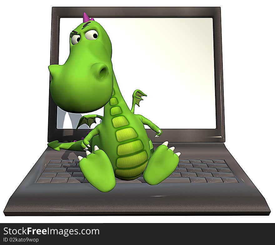 Baby dragon green is seated on the laptop keyboard. Baby dragon green is seated on the laptop keyboard