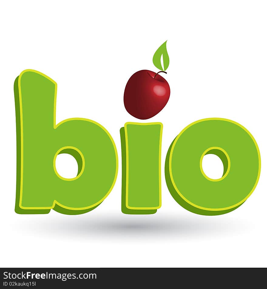 Illustration, green inscription bio with red apple