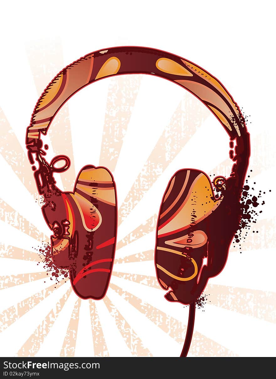 Headphones on ray bakground with floral motif. Separate elements. Headphones on ray bakground with floral motif. Separate elements.