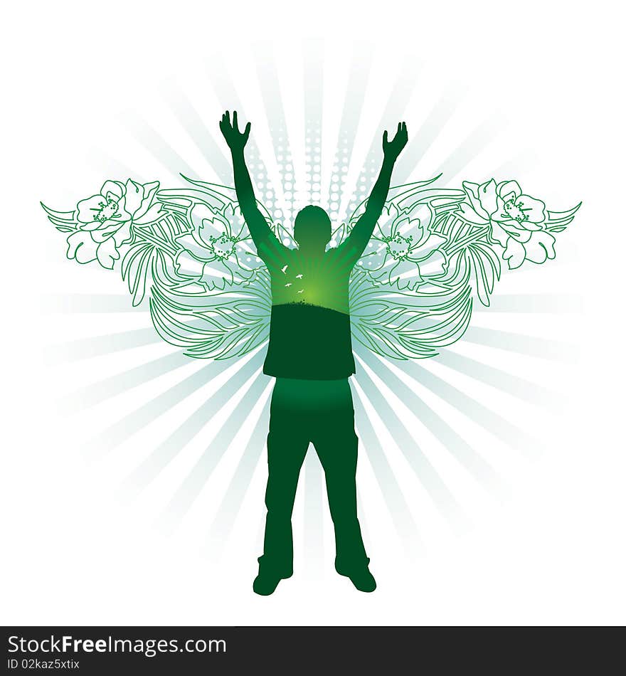 Silhouette of person with floral wings. All elements separate. Silhouette of person with floral wings. All elements separate.