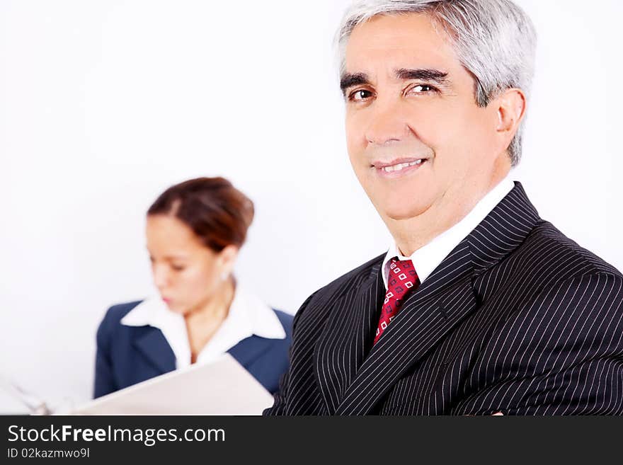 Businessman and businesswoman on white background. Business image