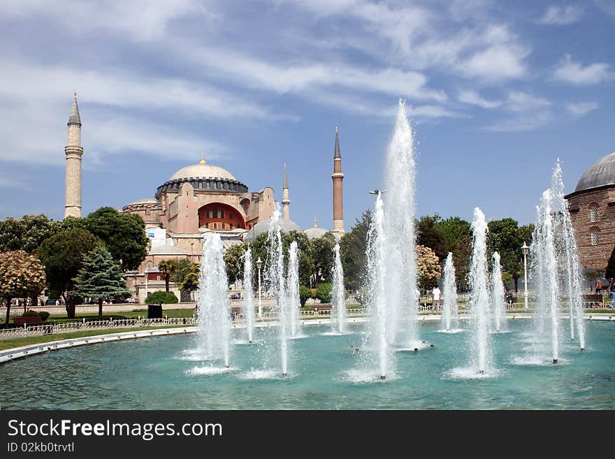 Fountain on background with famous Hagia Sophia in Istanbul