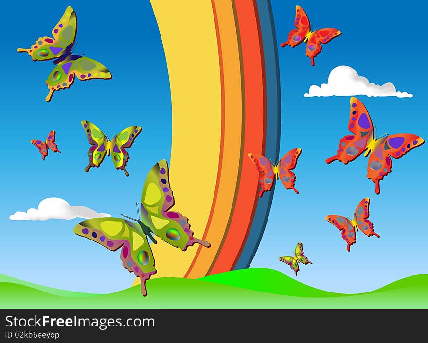 Butterflys against summer sky with rainbow. Butterflys against summer sky with rainbow