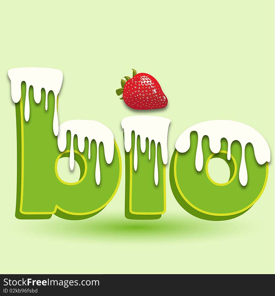 Illustration, green inscription bio with red strawberry