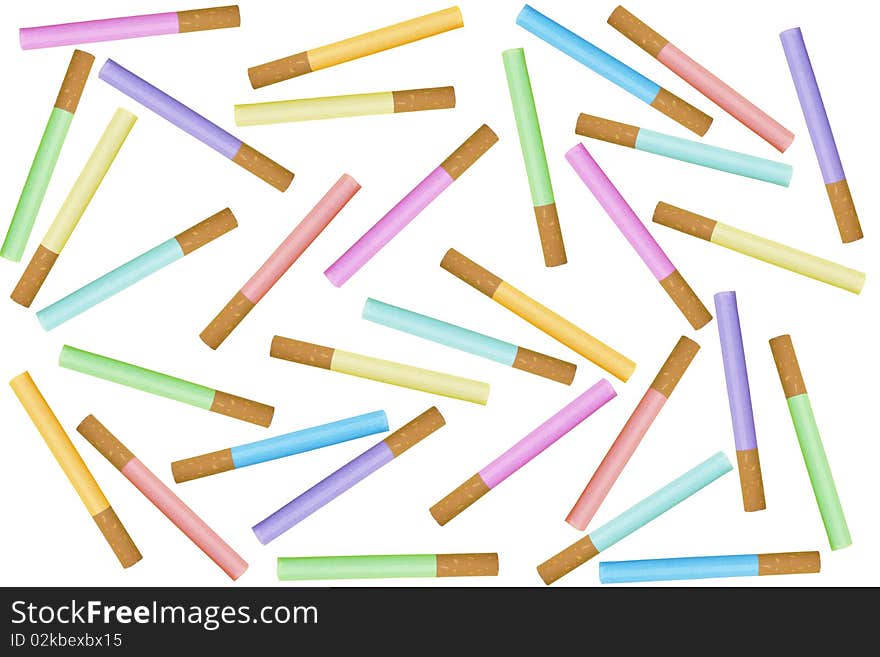 Multi-coloured cigarettes on a white background