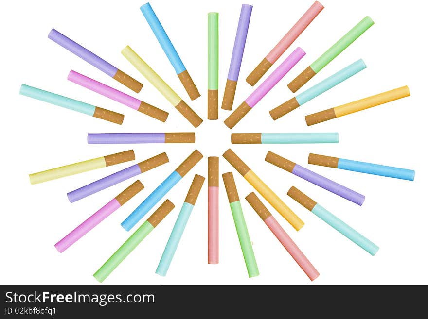 Multi-coloured cigarettes on a white background