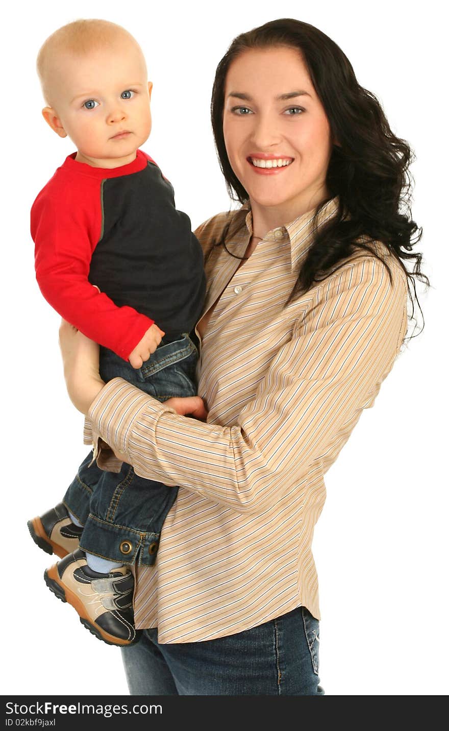 Happy mother with little son on white background