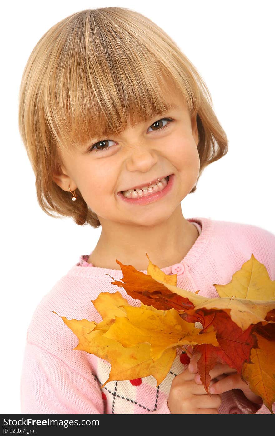 Little  girl with maple leaves on white background. Little  girl with maple leaves on white background