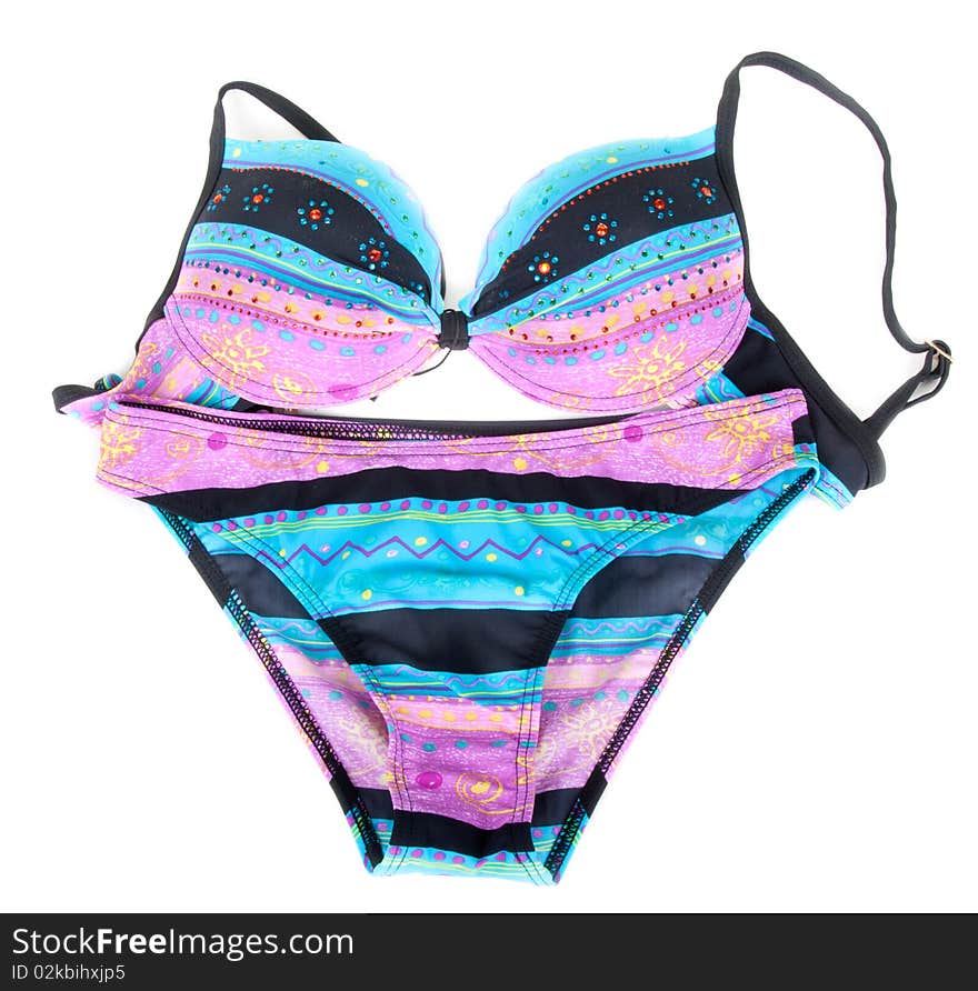 Striped swimsuit with blue and rose band insulated on white background